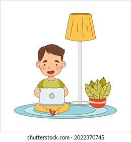 Home Study and Distance Learning with Boy In Front of Laptop Training and Doing Homework Vector Illustration