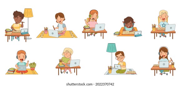 Home Study and Distance Learning with Children In Front of Laptop and Tablet PC Training and Doing Homework Vector Set