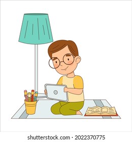 Home Study and Distance Learning with Cute Boy In Front of Tablet PC Training and Doing Homework Vector Illustration