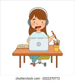 Home Study and Distance Learning with Girl In Front of Laptop Training and Doing Homework Vector Illustration