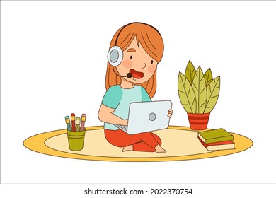 Home Study and Distance Learning with Redhead Girl with Headphones In Front of Tablet PC Training and Doing Homework Vector Illustration