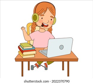 Home Study and Distance Learning with Smiling Girl In Front of Laptop Training and Doing Homework Vector Illustration