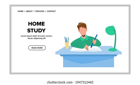Home Study And Homework Doing Pupil Boy Vector. Schoolboy Writing Exercise In Notebook With Pencil, Home Study Education. Character Child Have Educational Time Web Flat Cartoon Illustration
