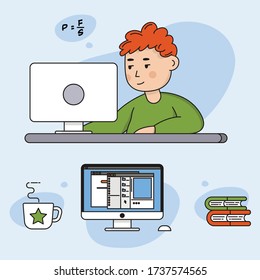 Home study. Working at home, coworking space, online learning. Young boy freelancers working on laptops at home. People at home in quarantine. Icon set with computer, books and coffee mug