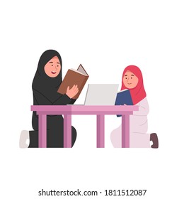 Home Studying Arabian Mother Teach Daughter Flat Cartoon