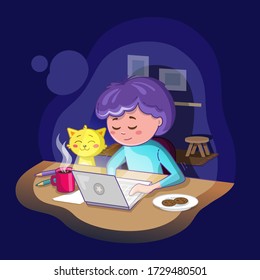 Home studying. Online education. Stay home. Night work from home. A young man seat at a desk with a laptop and cat. Boy drinks coffee and communicates in Internet. His cat is next to him.