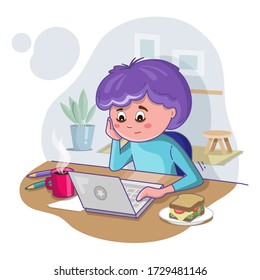 Home studying. Online education. Stay home. A boy work from home. A young man seat at a desk with a laptop.