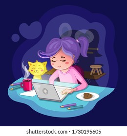 Home studying. Online education. Stay home. Night work from home. A young woman seat at a desk with a laptop and cat. Girl drinks coffee and communicates in Internet.