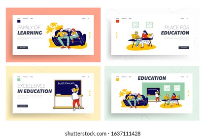 Home Studying and Schooling for Kids Website Landing Page Set. Domestic Educational Plan for Pupils. Children Get Education with Tutors Web Page Banner. Cartoon Flat Vector Illustration, Line Art