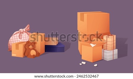 Home stuff in box. Cardboard storage to move in new apartment. Stack of carton package to delivery in attic or garage. Isolated pile of junk pack item. Relocating with belongings things to shipping