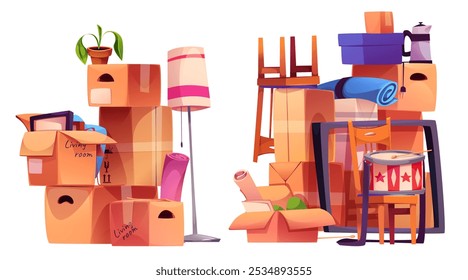 Home stuff in cardboard boxes for moving and relocation concept. Cartoon vector pile of carton packages with belongings - furniture, lamp, plant and interior element for delivery and migration service