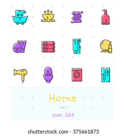 Home stuff color icon set of 12 modern and stylish icons. Part 1 - bathroom and beauty things. Dark line version. EPS 10. Pixel perfect icons.