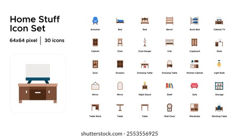 Home Stuff Flat Icon Set: Kitchenware, Bedding, Cleaning Supplies, Home Essentials, and Everyday Household Items