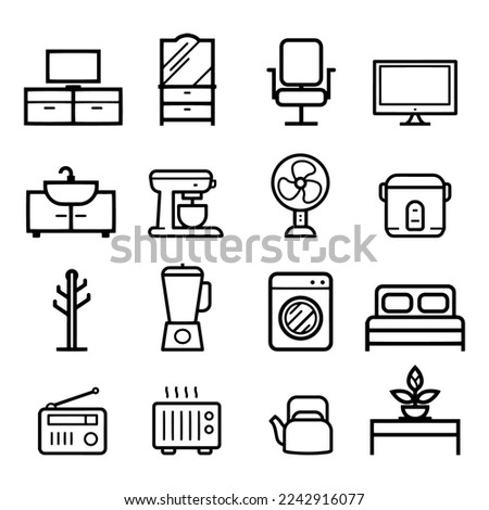 Home stuff icon set. Home appliances and furniture icons.