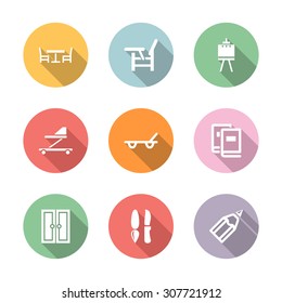 home stuff icon set in color circul with long shadow