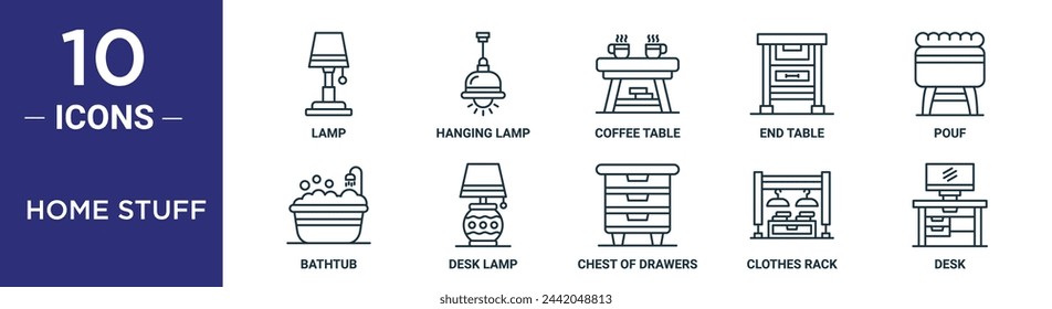 home stuff outline icon set includes thin line lamp, hanging lamp, coffee table, end table, pouf, bathtub, desk lamp icons for report, presentation, diagram, web design