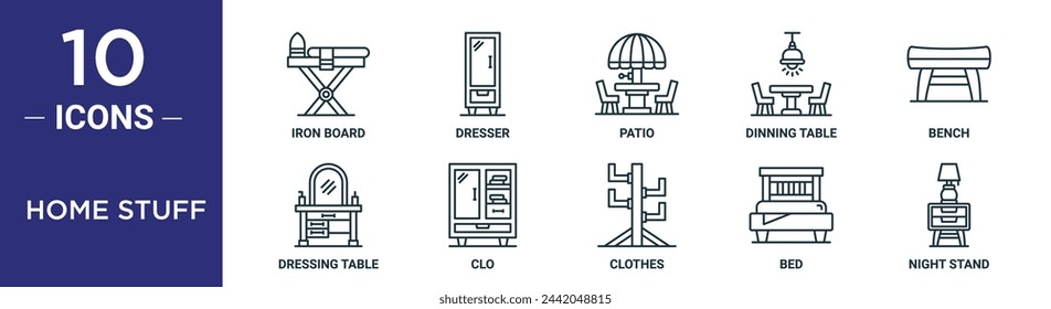 home stuff outline icon set includes thin line iron board, dresser, patio, dinning table, bench, dressing table, clo icons for report, presentation, diagram, web design