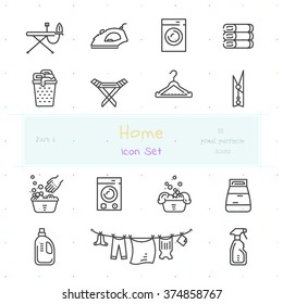 Home stuff outline icon set of 15 thin modern and stylish icons. Part 6 - laundry stuff. Dark line version. EPS 10. Pixel perfect icons.