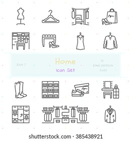 Home stuff outline icon set of 15 thin modern and stylish icons. Part 7 - dressing room stuff and furniture. Dark line version. EPS 10. Pixel perfect icons.