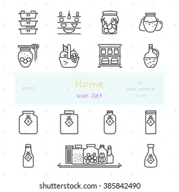 Home stuff outline icon set of 15 thin modern and stylish icons. Part 8 - pantry stuff and furniture. Dark line version. EPS 10. Pixel perfect icons.