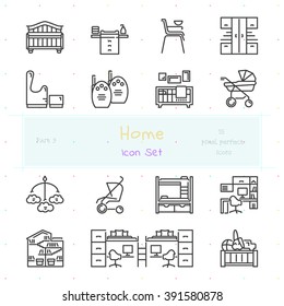 Home stuff outline icon set of 15 thin modern and stylish icons. Part 9 - nursery stuff and furniture. Dark line version. EPS 10. Pixel perfect icons.