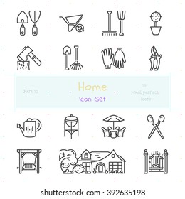 Home stuff outline icon set of 15 thin modern and stylish icons. Part 10 - garden stuff, tools and furniture. Dark line version. EPS 10. Pixel perfect icons.