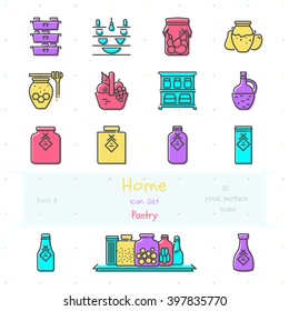 Home stuff outline icon set of 15 thin modern and stylish icons. Part 8 - pantry stuff and furniture. Color version. EPS 10. Pixel perfect icons.