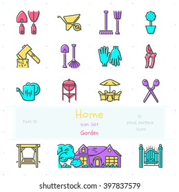 Home stuff outline icon set of 15 thin modern and stylish icons. Part 10 - garden stuff, tools and furniture. Color version. EPS 10. Pixel perfect icons.