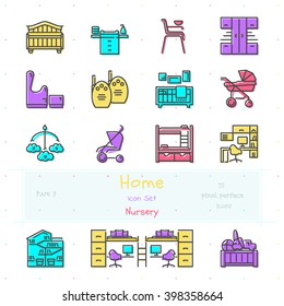 Home stuff outline icon set of 15 thin modern and stylish icons. Part 9 - nursery stuff and furniture. Color version. EPS 10. Pixel perfect icons.