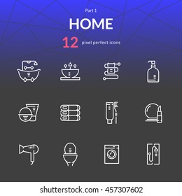 Home stuff outline icon set of 12 thin modern and stylish icons. Part 1 - bathroom stuff. White line version. EPS 10. Pixel perfect icons.