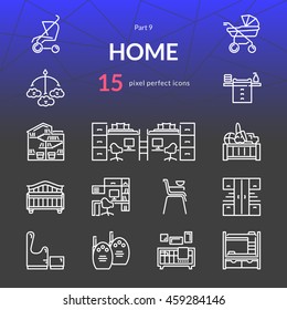 Home stuff outline icon set of 15 thin modern and stylish icons. Part 9 - nursery stuff and furniture. White line version. EPS 10. Pixel perfect icons.