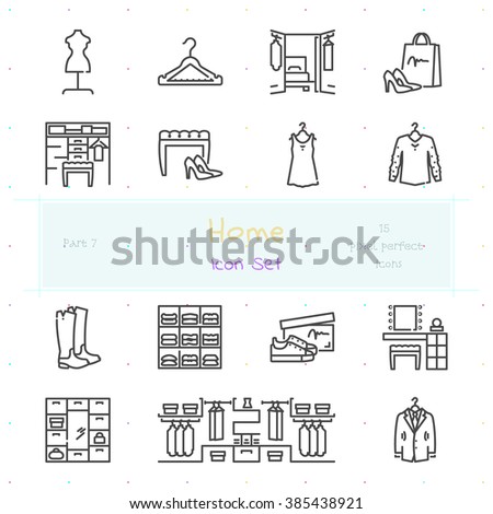 Home stuff outline icon set of 15 thin modern and stylish icons. Part 7 - dressing room stuff and furniture. Dark line version. EPS 10. Pixel perfect icons.