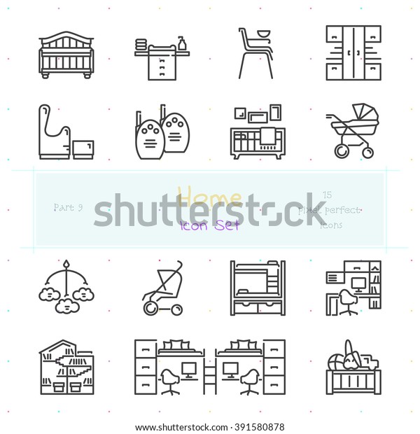 Home stuff outline icon set of 15 thin\
modern and stylish icons. Part 9 - nursery stuff and furniture.\
Dark line version. EPS 10. Pixel perfect\
icons.