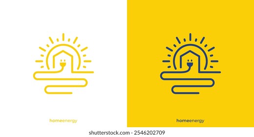 Home Sun Logo Design. Sun, Home and Electicity Symbol with Lineart Outline Style. Renewable Energy Solar Power Logo, Icon, Symbol, Vector, Design Inspiration.