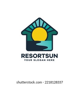 Home Sun Outline Logo, Vacation, Resort, Outdoor Logo Design