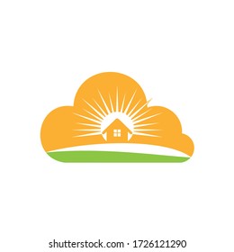 Home with sun vector logo design. Nature Landscape Logo Design.