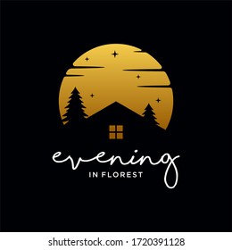 home with sunset  in forest creative logo design premium illustration