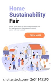 Home sustainability fair eco event people gathering wind turbines solar panels modern houses outdoor community clean energy landscape website banner