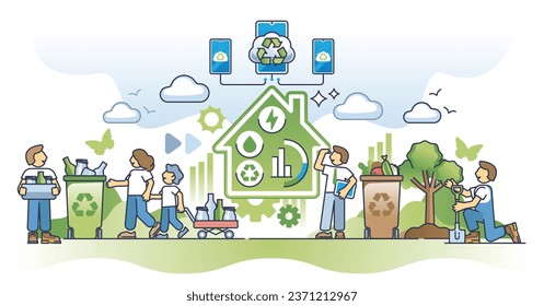 Home sustainability insights with smart resources management outline concept. Effective recycling, autonomous house heating, cooling and lighting systems with renewable energy vector illustration.