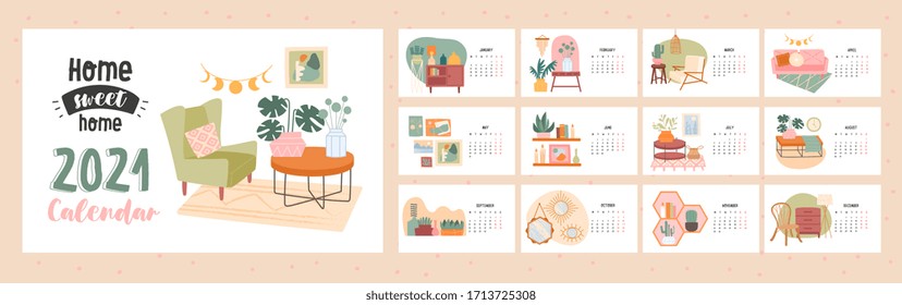 Home Sweet Home 2021 calendar template with cover and twelve months showing assorted interior decor with dates, colored vector illustration