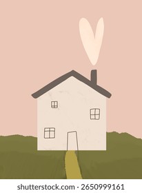 Home Sweet Home. Abstract Vector Art with Cute Hand Drawn House on a Pink Sky Background. White Heart-shaped Smoke Coming Out Of The Chimney. Lovely Nursery Art. Kids Room Decoration. RGB.