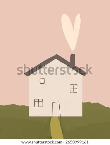 Home Sweet Home. Abstract Vector Art with Cute Hand Drawn House on a Pink Sky Background. White Heart-shaped Smoke Coming Out Of The Chimney. Lovely Nursery Art. Kids Room Decoration. RGB.