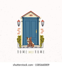 Home sweet home. Beautiful blue retro vintage Front Door. Sitting dog. Lamp on a brick wall. House Exterior. Home Entrance. Hand drawn colored vector illustration. Stamp texture