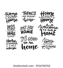 Home Sweet Home beautiful hand drawn lettering collecton. Set of house logo and label design elements. Vector linear typography