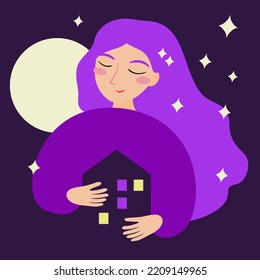 Home sweet home concept. Happy girl hugs house hold it in hands. Love to home. Flat vector cartoon cute Illustration