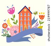 Home sweet home concept illustartion with house, ribbon and flowers
