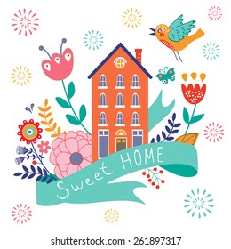 Home sweet home concept illustartion with house, ribbon, bird  and flowers