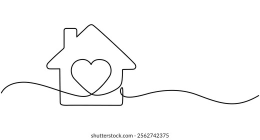 Home Sweet Home Continuous Line Icon, Heart inside house continuous one line drawn. Love home concept. Vector illustration isolated on white background, outline pro vector illustration.