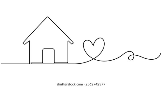 Home Sweet Home Continuous Line Icon, Heart inside house continuous one line drawn. Love home concept. Vector illustration isolated on white background, outline pro vector illustration.