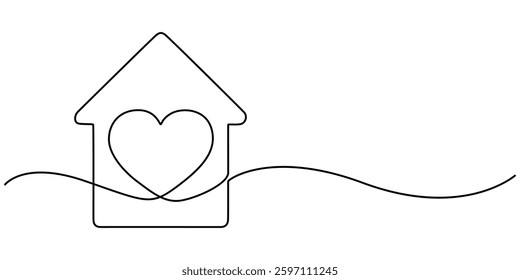 Home Sweet Home Continuous Line Icon, Love for home symbol in continuous line drawing style. Line art of heart with house. Vector illustration. Abstract background, Heart inside house continuous one. 